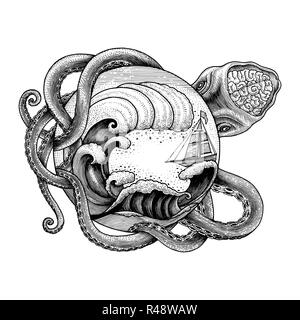 Giant Octopus angreifende Schiff und großen Ocean Wave Handzeichnung vintage Gravur Illustration für tattoo Stock Vektor