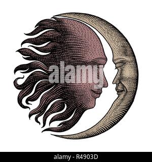 Gesicht in die Sonne und der Mond Handzeichnung vintage Gravur Money Line detail stil für tattoo Stock Vektor
