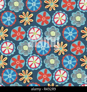 Retro florals nahtlose Vektor Hintergrund. 1960er, 1970er Design. Rot, Blau und Gelb der Blumen Stock Vektor
