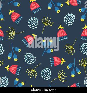 Retro florals nahtlose Vektor Hintergrund. 1960er, 1970er Blumen. Rot, Blau und Gelb doodle Blumen Stock Vektor