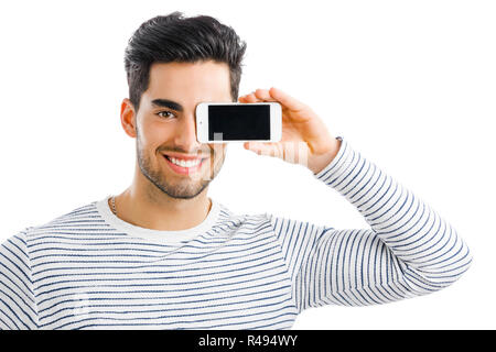 Suchen und etwas Anzeigen auf dem Telefon Stockfoto