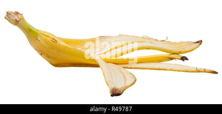 Seitliche Sicht auf reife Banane schälen isoliert auf weißem Stockfoto