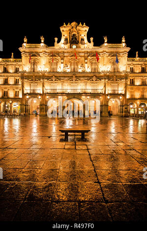 Berühmte Plaza Mayor in Salamanca in der Nacht, Castilla y Leon, Spanien Stockfoto