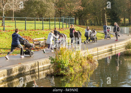 Northampton, Großbritannien. 26. November 2018. UK Wetter. Ein milder und sonniger Morgen für junge Mütter und ihre Babys, da sie in Abington Park Übung. Credit: Keith J Smith./Alamy leben Nachrichten Stockfoto