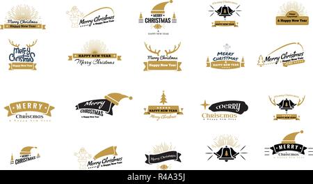 Frohe Weihnachten emblem Symbole mit Vintage Style. Goldene Farbe Frohes Neues Jahr, 2019. Vector Illustration. Stock Vektor