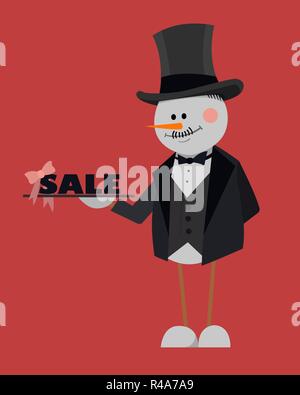 Frohe Weihnachten Verkauf. Schwarzer Freitag. Banner, Poster, Schneemann mit einem Tablett auf rotem Hintergrund Stock Vektor
