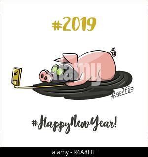 Lustige rosa Schweine - 2019 Chinesisches Neujahr Symbole. Zeichentrickfiguren für Kinder buch Färbung, Malvorlagen, t-shirt, Symbol, Logo, Beschriftung, Patch, Aufkleber. Stock Vektor