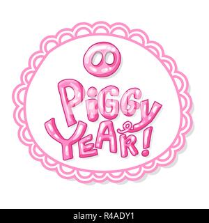 Nettes Schwein Rüssel in rosa Farbe mit neuen Jahr 2019 Schriftzug. Isolierte Schweinen Astrologie Symbol mit hellen Buchstaben. Verwenden Sie für das Laserschneiden und Weihnachten Geschenk Design Stock Vektor