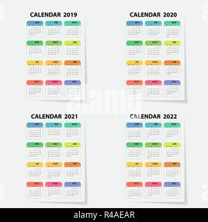 Kalender 2019, 2020, 2021 und 2022 Vorlage Kalender. Kalender Design. Kalender vektor design Briefpapier Vorlage. Vector Illustration. Stock Vektor