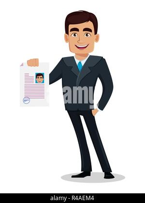 Business mann Zeichentrickfigur in Anzug. Gut aussehender Geschäftsmann hält Dokument. Manager, Banker. Vector Illustration Stock Vektor