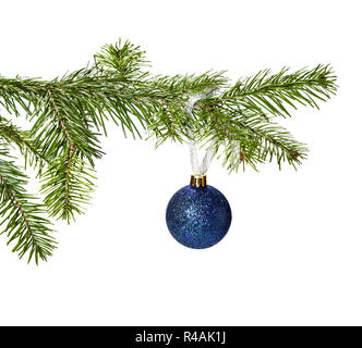 Blue Christmas Ball Dekoration aufhängen auf pine Zweig auf weißem Hintergrund Stockfoto