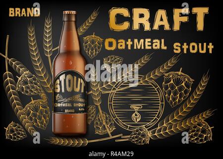 Handwerk oatmeal Stout Bier ads. Realistische Malz Flasche Bier auf Retro Hintergrund isoliert mit Zutaten Weizen, Hopfen und Fass. Vector 3d-Darstellung Stock Vektor