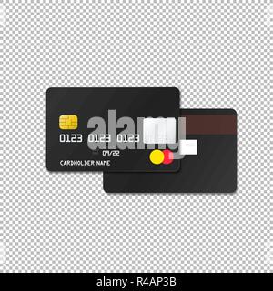 Vektor mock up Schwarz leer Kunststoff Bank card Gesicht und Rückseite Abbildung realistisch mit Schatten template Design auf transparentem Hintergrund isoliert Stock Vektor