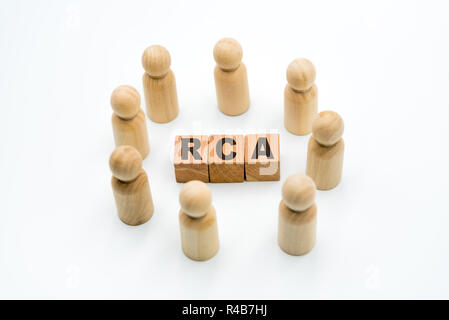 Holzfiguren als Business Team im Kreis um Abkürzung RCA Root Cause Analysis, auf weißem Hintergrund, minimalistisches Konzept Stockfoto