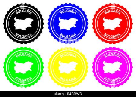 Bulgarien - Stempel - Vektor, Bulgarien Karte Muster - Aufkleber - Schwarz, Blau, Grün, Gelb, Lila und Rot Stock Vektor