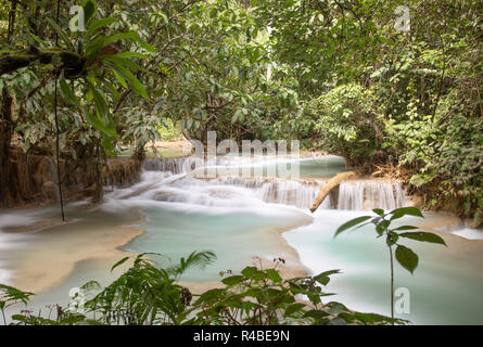 Die schöne Tat Kuang Si Wasserfälle sind ein beliebter Tagesausflug von Luang Prabang im Norden von Laos. Stockfoto