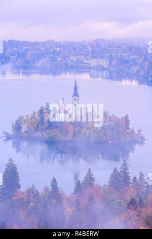 Morgen Luftaufnahme des Sees Bled mit der Kirche der Himmelfahrt der Maria, Slowenien im Nebel und Bäume im Herbst Hintergrund Stockfoto