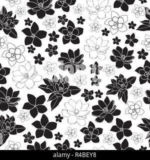 Plumeria und Magnolia-Flowers in voller Blüte nahtlose Repeat Pattern Hintergrund in Schwarz und Weiß Stock Vektor
