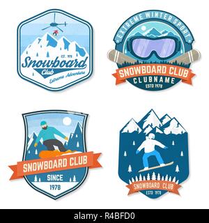 Satz von Snowboard Club Patches. Vector Illustration. Konzept für Patch, T-Shirt, Druck, Stempel oder T-Stück. Vintage Typografie Design mit Snowboarder und Berg Silhouette. Extreme Sport. Stock Vektor