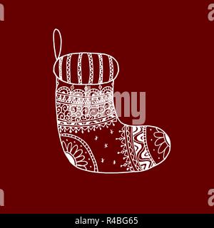 Vektor Weihnachten dekorative Symbol - Socke. Weihnachten Hand gezeichneten weißen Strumpf auf rotem Hintergrund Stock Vektor