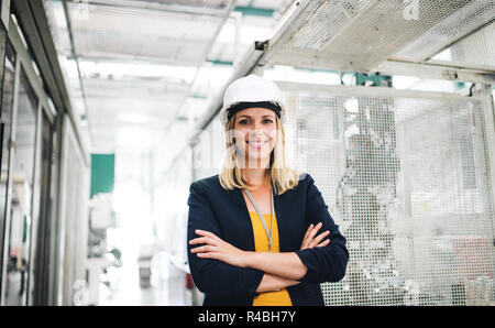 Ein Porträt einer Frau Ingenieur in einer Fabrik. Stockfoto