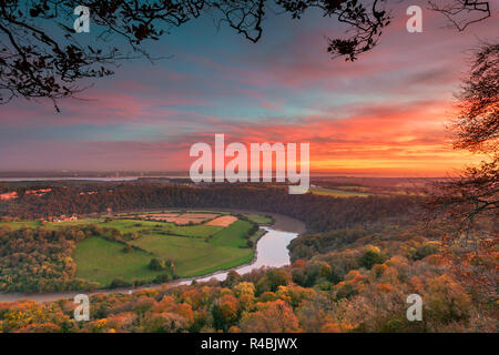 Obere Wyndcliff, Fluss Wye und Severn Estuary, Wye Valley, Monmouthshire, Wales, Großbritannien Stockfoto