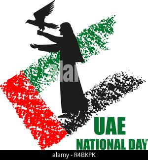 UAE nationalen Tag Plakat mit falconer Silhouette auf der nationalen Flagge Hintergrund Vector Illustration. Falcon Jagd. Stock Vektor