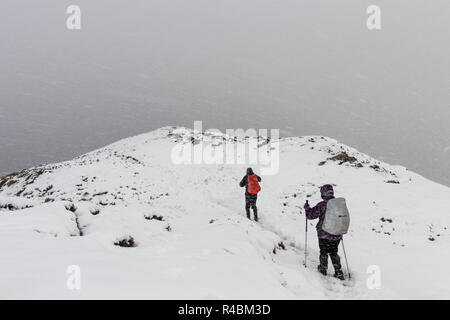 Zwei Menschen zu Fuß bei Schneetreiben auf dem Berg des Barrow, Lake District, Cumbria, Großbritannien Stockfoto