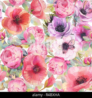 Aquarell nahtlose Muster mit Blumen, Anemonen, Mohn, Rosen und Schmetterlinge. Romantische botanische Tapete. Stockfoto