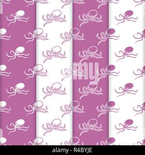 Satz 4 Vector nahtlose Muster mit Kraken. Meer Einwohner. Tiere unter Wasser. Design für die Verpackung, Stoff, marine Hintergrund drucken. Stock Vektor