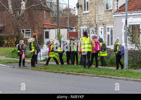 Ein "Walking Bus"-Gruppe der Grundschüler mit 2 Erwachsenen supervisers Alle in Hi-viz Westen auf dem Weg nach Hause von der Schule in den Nachmittag. Stockfoto