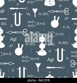 Wissenschaftliche Vektor nahtlose Muster mit Flaschen, Brenner, Trichter, Werkzeuge und Formeln. Bildung Elemente. Chemie, Biologie, Medizin. Stock Vektor