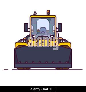 Vorderansicht des gelben Bulldozer oder Radlader. Linienstil Vector Illustration. Konstruktion Fahrzeug- und Steinbruch Maschinen Banner. Moderne Bagger mac Stock Vektor