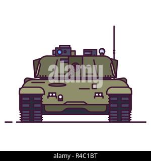Vorderansicht des modernen Kampfpanzer. Linienstil Vector Illustration. Militärische Fahrzeugkonzept. Armored Tank mit Zylinder und Revolver in Grün und Oliv cam Stock Vektor