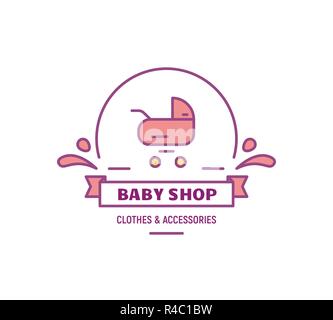 Baby shop Logo. Kinderwagen auf Logo und Text. Emblem store mit Material für Kinder. Thin line style Abbildung. Linienstil Abbildung. Stock Vektor