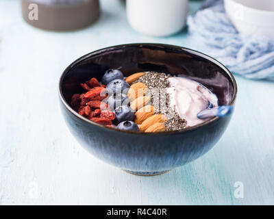 Joghurt smoothie Schale mit Beeren, Nüsse, Chia Samen auf Pastell türkis Holz- Hintergrund. Auf pflanzlicher Basis Veganes Frühstück Stockfoto