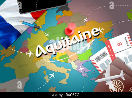 Aquitaine Stadt Reisen und Tourismus Ziel Konzept. Flagge Frankreich und Aquitaine Ort auf der Karte zeigen. France Travel Concept Map Hintergrund. Tickets und Flugzeuge Stockfoto