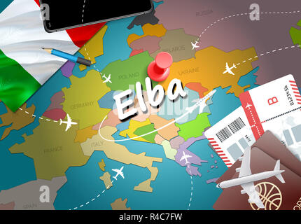 Elba Stadt Reisen und Tourismus Ziel Konzept. Italien Flagge und Elba Ort auf der Karte zeigen. Italien Travel Concept Map Hintergrund. Tickets Flugzeugen und Flügen zu Stockfoto