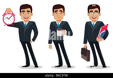 Business mann Zeichentrickfigur in Anzug, der drei Posen. Gut aussehender Geschäftsmann hält Wecker, hält Kaffee und hält Koffer und Dokumen Stock Vektor