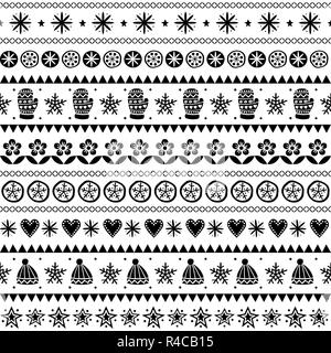 Winter Volkskunst Vektor nahtlose Muster, Weihnachten schwarz und weiß Ornament hand Stil gezeichnet, retro Hintergrund Stock Vektor