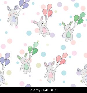 Cute nahtlose Muster von Kaninchen fliegen in den Himmel mit bunten Luftballons und Sterne. Vector Hintergrund für Kinder. Stock Vektor