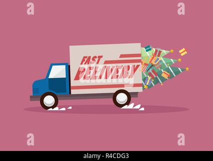 Schnelle Lieferung Lkw mit Weihnachtsbaum und Geschenke. Vector Illustration Stock Vektor