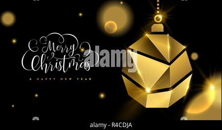 Frohe Weihnachten Frohes Neues Jahr luxus Grußkarte Illustration, realistische 3D-solid gold Schmuck Christbaumkugel auf schwarzen Hintergrund mit festlichen Typografie Stock Vektor