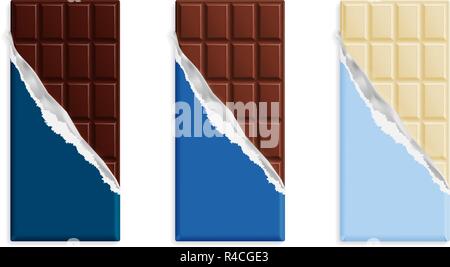 Milch, dunkle und weiße Schokolade bars in Blau wrapper Mock up Set, leeres Paket mit Platz für Text auf weißem Hintergrund. Vector Illustration Stock Vektor