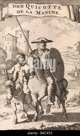 Titelseite einer französischen Ausgabe 1696 von Don Quijote de la Mancha von Miguel de Cervantes, Don Quijote auf dem Pferderücken durch seinen Knecht Sancho Panza, der auf einem Esel. Stockfoto