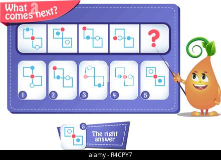 Lernspiel für Kinder und Erwachsene. Entwicklung von Logik, iq. Aufgabe Spiel, was als Nächstes kommt? Stock Vektor