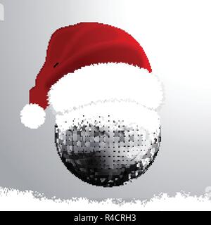 3D-Abbildung: Silber Disco Kugel mit rote Weihnachtsmütze und Schnee über grauer Hintergrund Stock Vektor