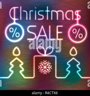 Vektor leuchtende Symbol der Geschenkbox, Weihnachten Tannenbaum als Kerze, hängende Weihnachtskugeln und Weihnachten Verkauf Worte. Neon Verkauf Tag scheint auf dunklen Colorfu Stock Vektor