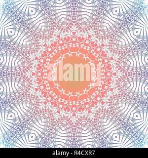 Abstrakte geometrische nahtlose Hintergrund, Schnürsenkel Muster. Reich verzierte Kreis ornament Hellgrau mit Orange, Rot, Violett und Lila, zart und verträumt. Stockfoto