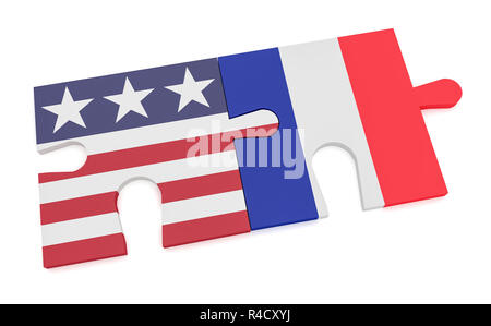 USA Frankreich Konzept der Partnerschaft: US Flagge und French Flag Puzzleteile, 3d-Abbildung auf weißem Hintergrund Stockfoto